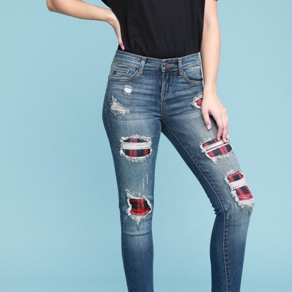 JUDY BLUE PLAID DISTRESSED SKINNY FIT